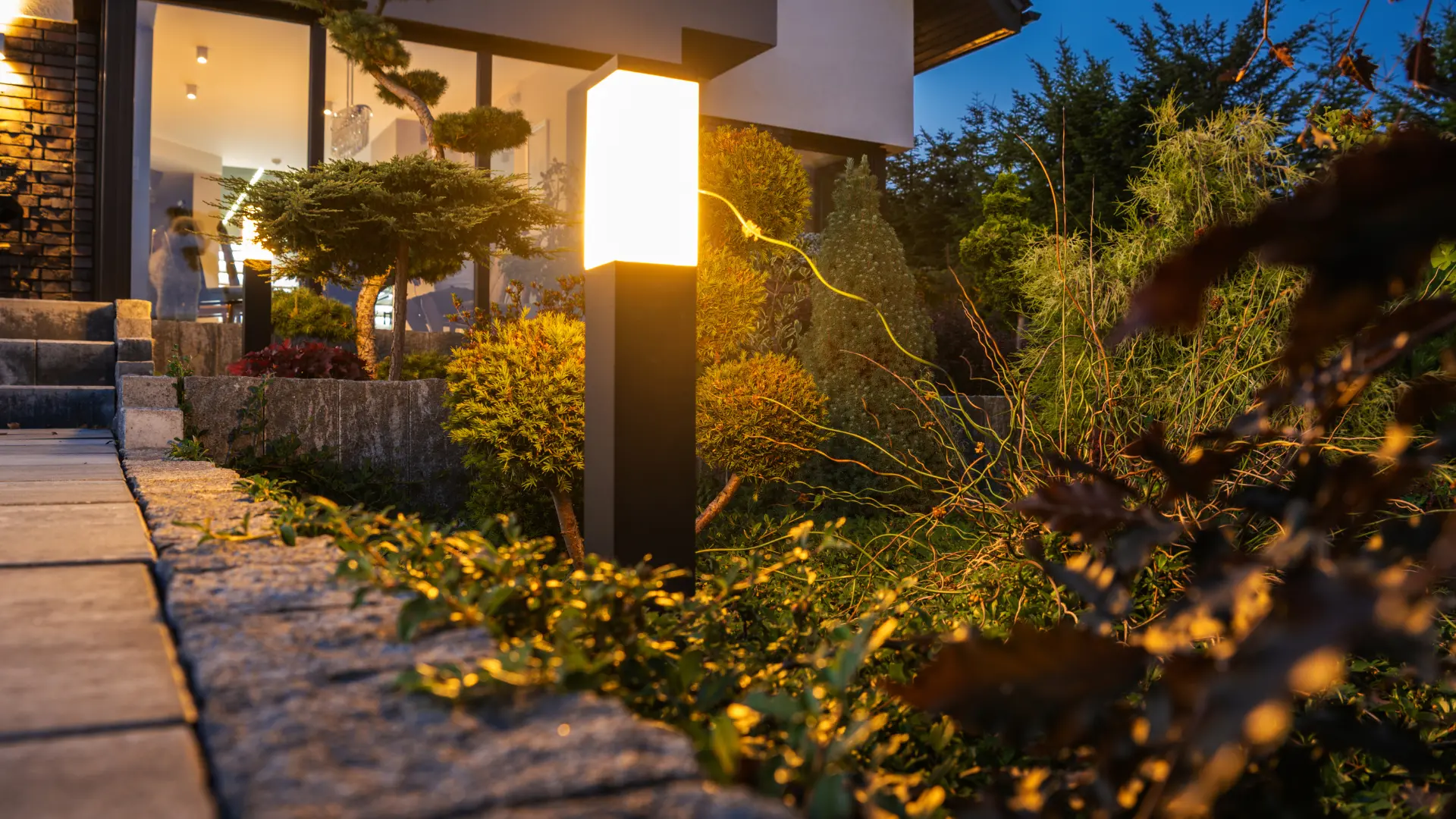 Custom gunite pool and landscape lighting glowing after dark in a Northwest Metro Atlanta backyard